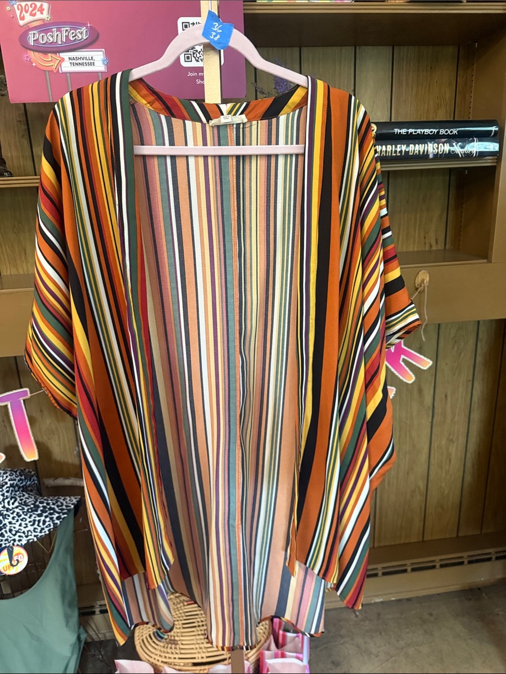 eesome Orange Multicolor Striped Open-Front kimono